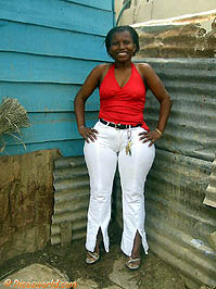 Cindarella posing in a backyard corner with hands up, hairy armpits